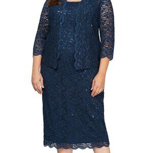 Sheath Lace Jacket Dress Ensemble | 18W - NAVY | Alex Evenings